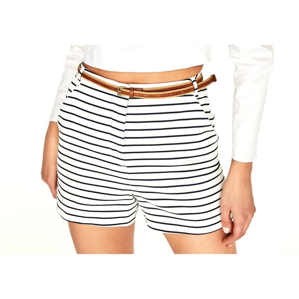 Zara Basic Womens Dressy Shorts Size L Blue White  Striped High-Waist Travel